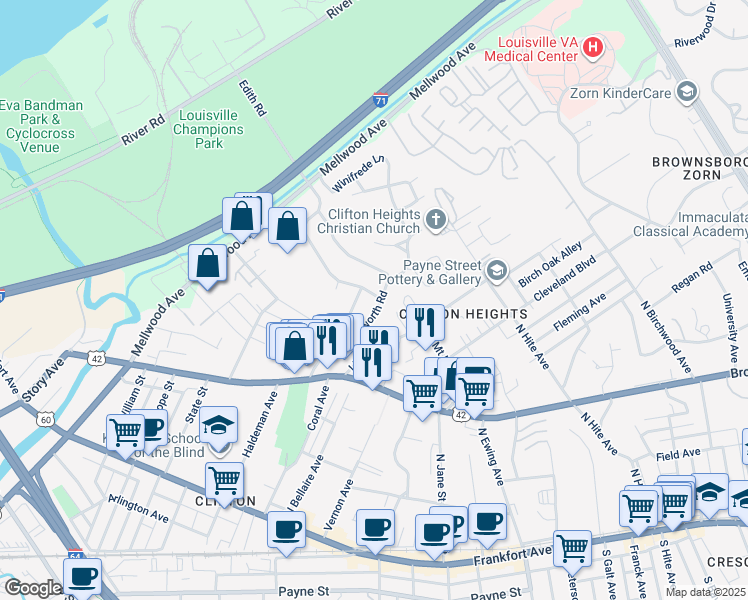 map of restaurants, bars, coffee shops, grocery stores, and more near 415 James Road in Louisville
