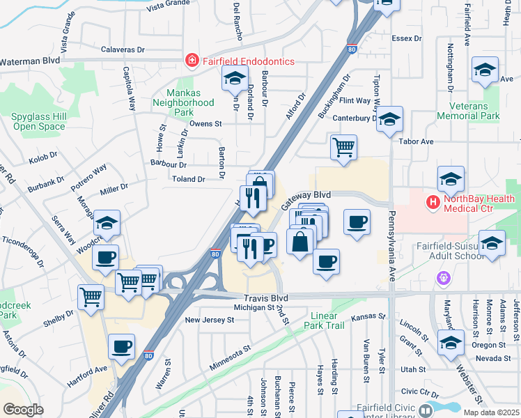 map of restaurants, bars, coffee shops, grocery stores, and more near 1580 Gateway Blvd in Fairfield