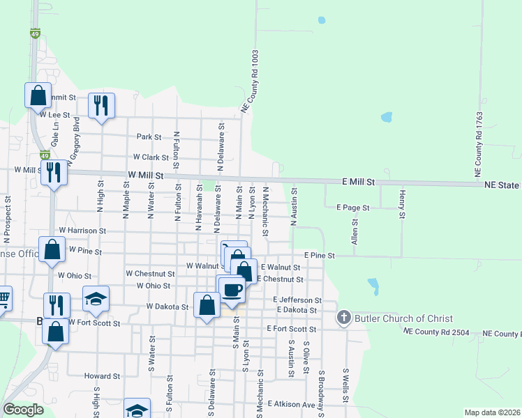 map of restaurants, bars, coffee shops, grocery stores, and more near 100 East Pleasant Street in Butler
