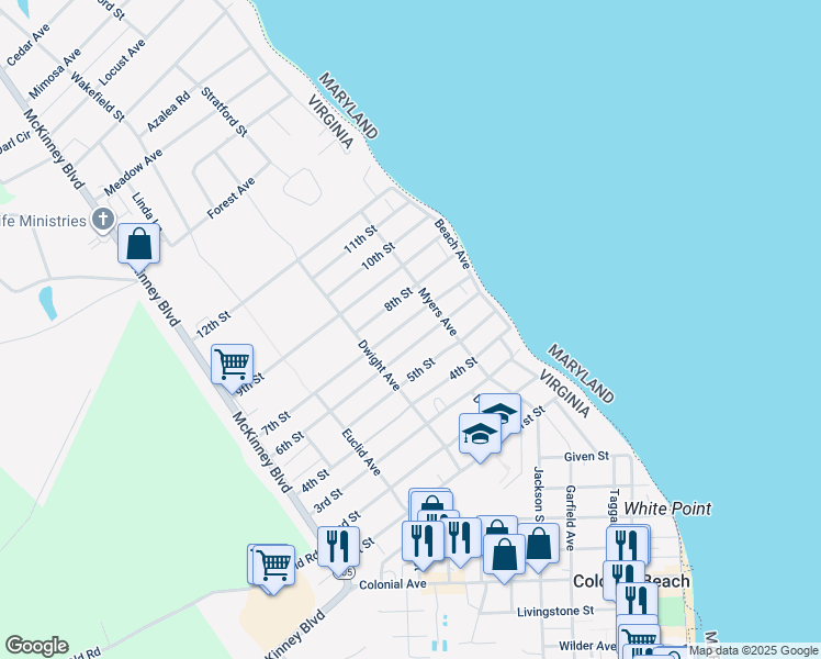 map of restaurants, bars, coffee shops, grocery stores, and more near 128 7th Street in Colonial Beach