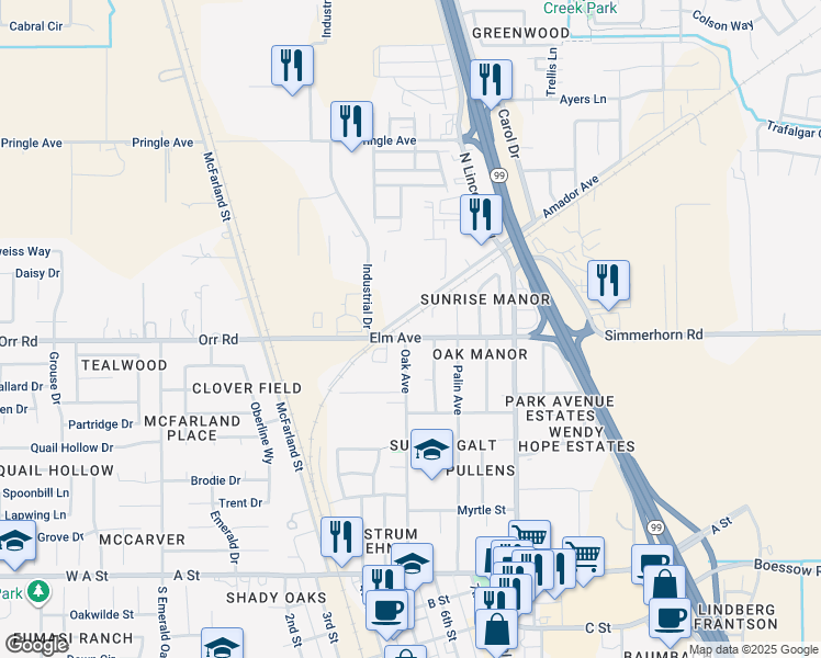 map of restaurants, bars, coffee shops, grocery stores, and more near 366 Oak Avenue in Galt