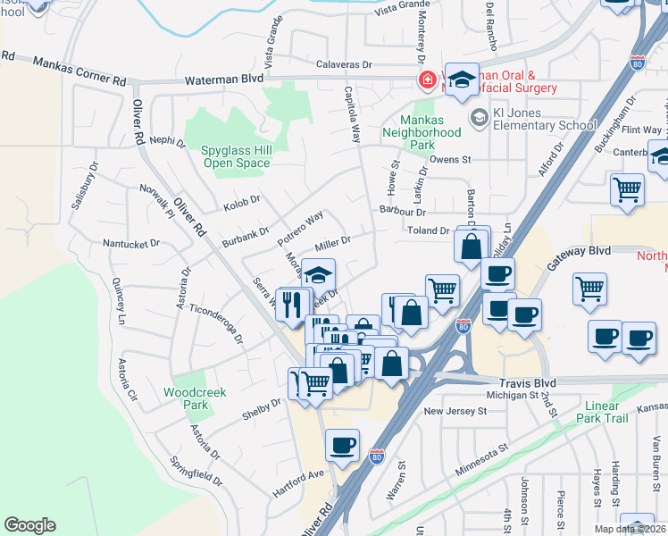 map of restaurants, bars, coffee shops, grocery stores, and more near 1614 Armijo Court in Fairfield