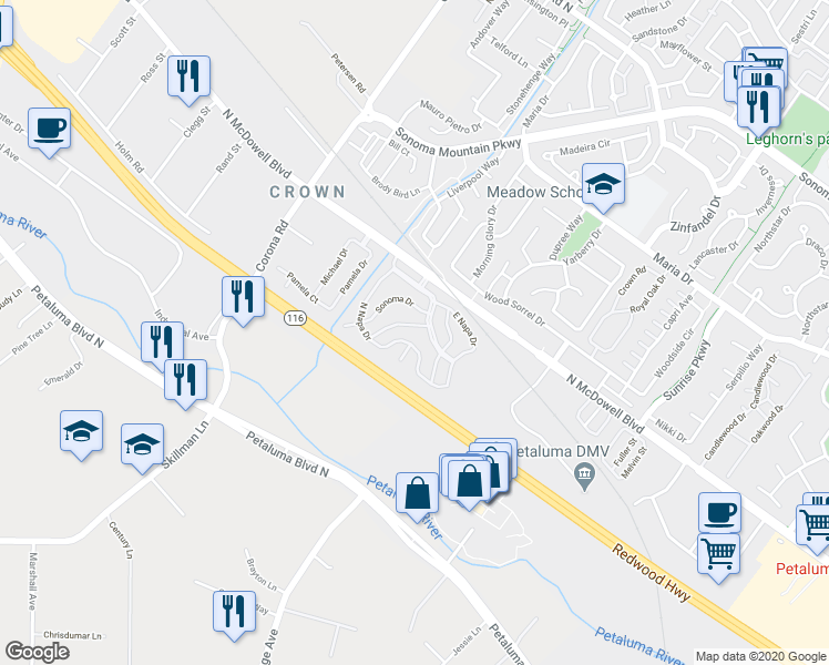 map of restaurants, bars, coffee shops, grocery stores, and more near 11 North Napa Drive in Petaluma