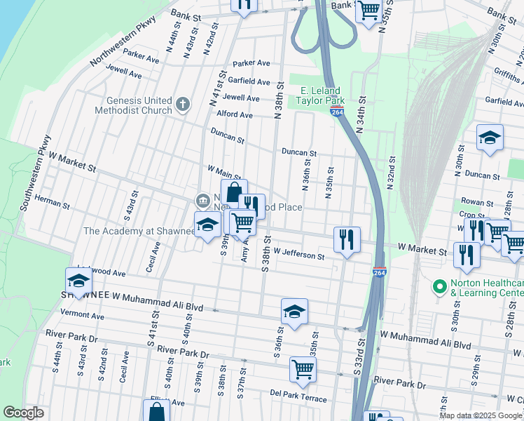 map of restaurants, bars, coffee shops, grocery stores, and more near 3801 West Market Street in Louisville