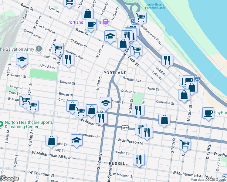 map of restaurants, bars, coffee shops, grocery stores, and more near 2121 Columbia Street in Louisville