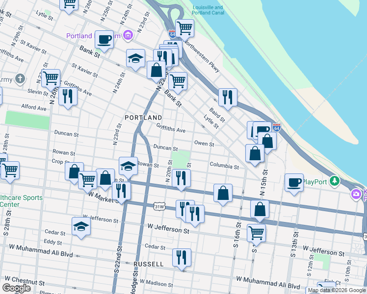 map of restaurants, bars, coffee shops, grocery stores, and more near 1923 Duncan Street in Louisville