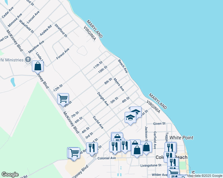 map of restaurants, bars, coffee shops, grocery stores, and more near 128 7th Street in Colonial Beach