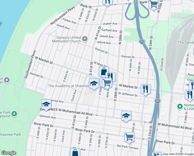 map of restaurants, bars, coffee shops, grocery stores, and more near 3918 West Market Street in Louisville