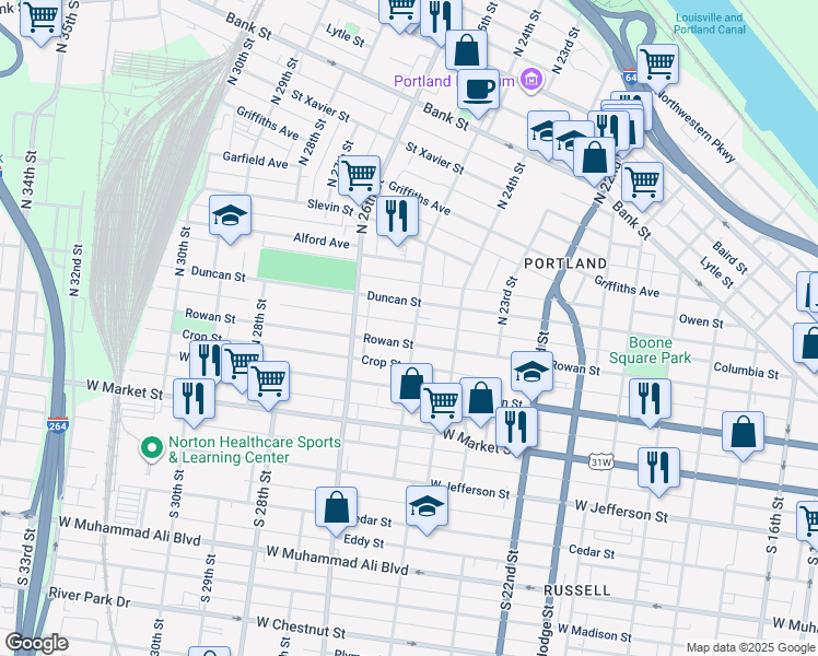 map of restaurants, bars, coffee shops, grocery stores, and more near 201 North 25th Street in Louisville