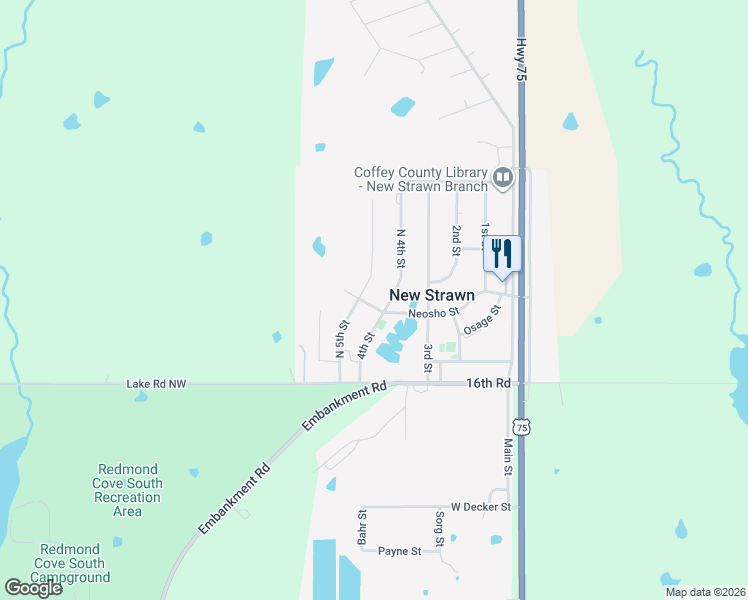map of restaurants, bars, coffee shops, grocery stores, and more near 141 North 5th Street in New Strawn