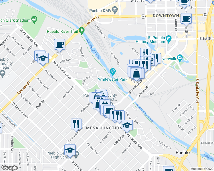 map of restaurants, bars, coffee shops, grocery stores, and more near 217 Midway Avenue in Pueblo
