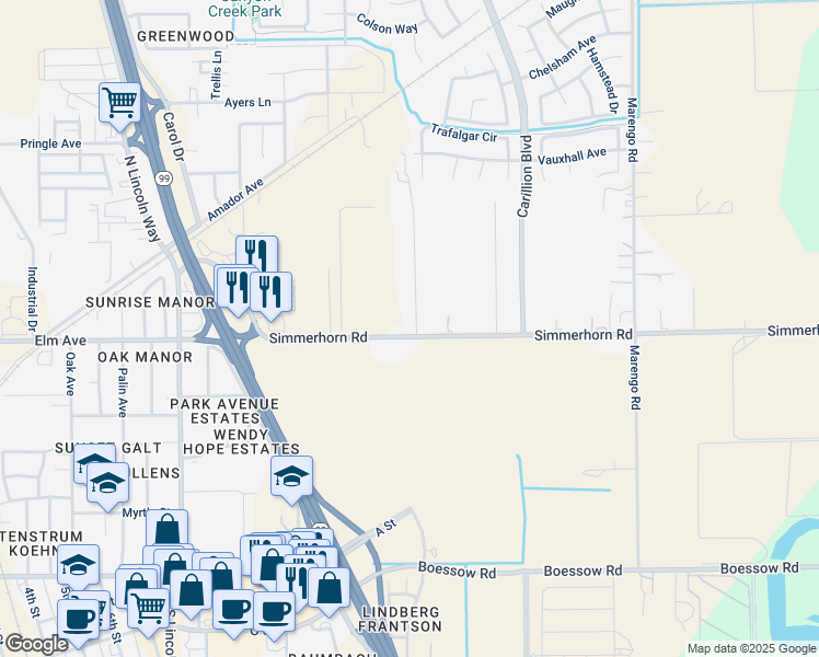 map of restaurants, bars, coffee shops, grocery stores, and more near 10691 Simmerhorn Road in Galt