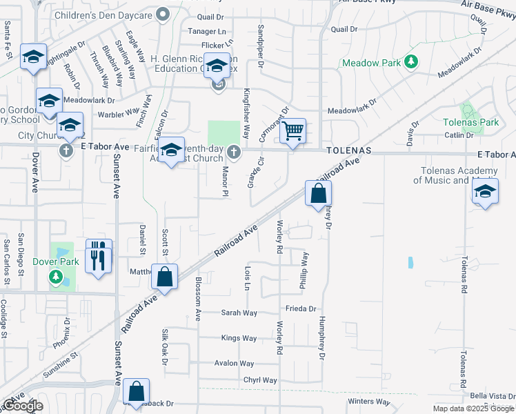 map of restaurants, bars, coffee shops, grocery stores, and more near 42 Grande Circle in Fairfield