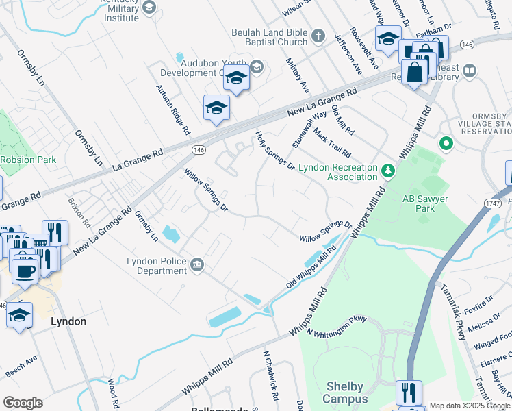 map of restaurants, bars, coffee shops, grocery stores, and more near 8903 Willow Springs Drive in Louisville