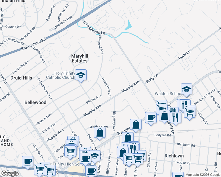 map of restaurants, bars, coffee shops, grocery stores, and more near in Brownsboro Village
