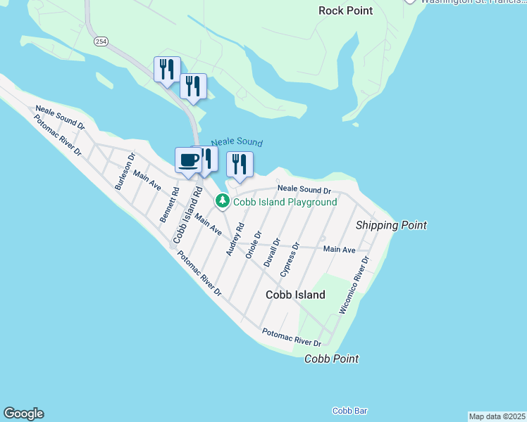 map of restaurants, bars, coffee shops, grocery stores, and more near 17535 Oriole Drive in Cobb Island