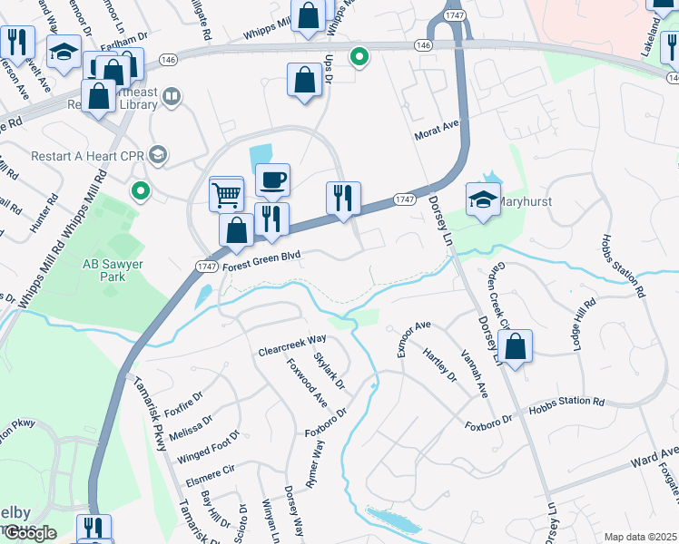 map of restaurants, bars, coffee shops, grocery stores, and more near 10200 Forest Green Boulevard in Louisville