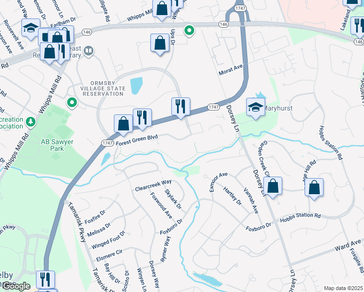 map of restaurants, bars, coffee shops, grocery stores, and more near 10200 Forest Green Boulevard in Louisville