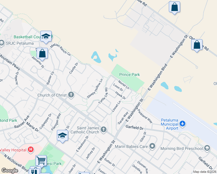 map of restaurants, bars, coffee shops, grocery stores, and more near 531 Hawk Drive in Petaluma