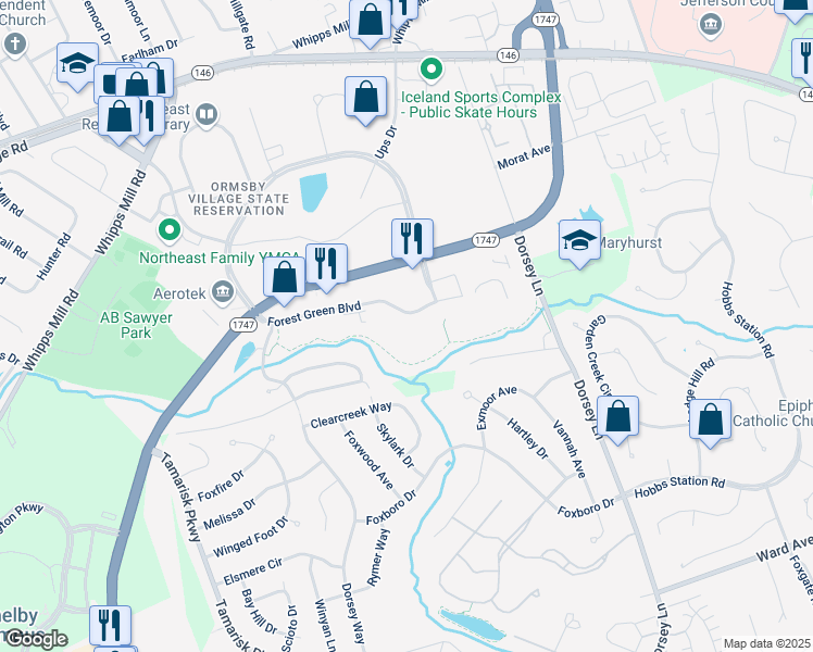 map of restaurants, bars, coffee shops, grocery stores, and more near 10000 Forest Green Boulevard in Louisville