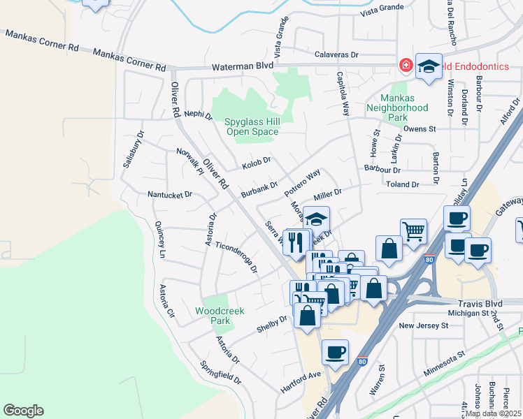 map of restaurants, bars, coffee shops, grocery stores, and more near 3215 Serra Way in Fairfield