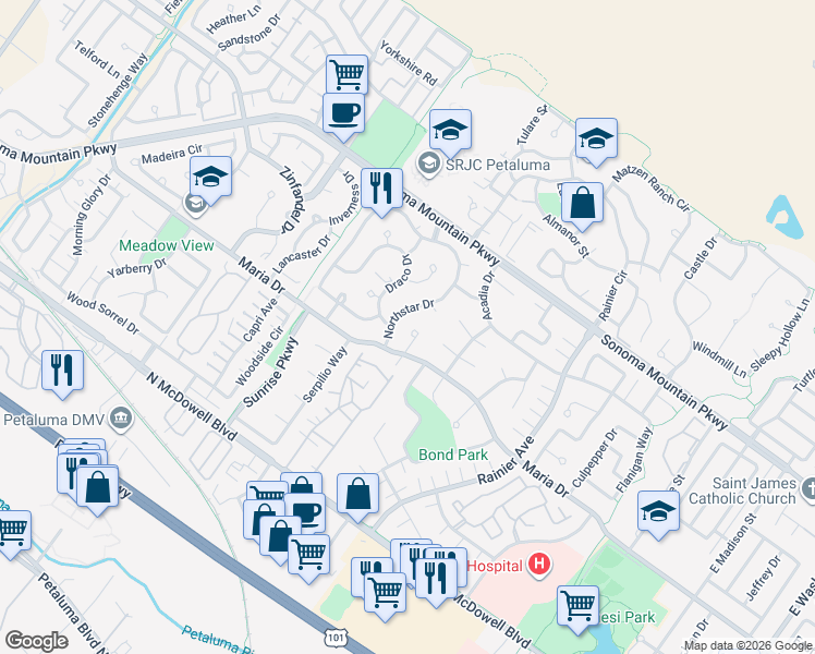 map of restaurants, bars, coffee shops, grocery stores, and more near 1601 Perseus Court in Petaluma