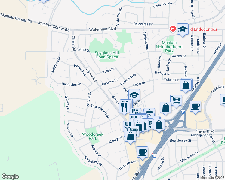 map of restaurants, bars, coffee shops, grocery stores, and more near 3215 Serra Way in Fairfield
