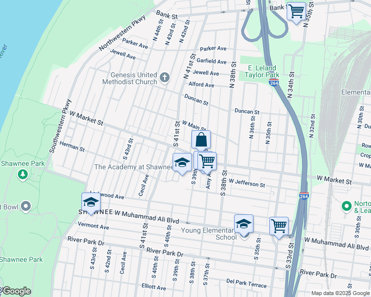 map of restaurants, bars, coffee shops, grocery stores, and more near 4005 West Market Street in Louisville