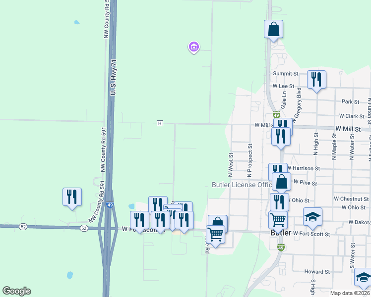 map of restaurants, bars, coffee shops, grocery stores, and more near 1006 Ruby Avenue in Butler