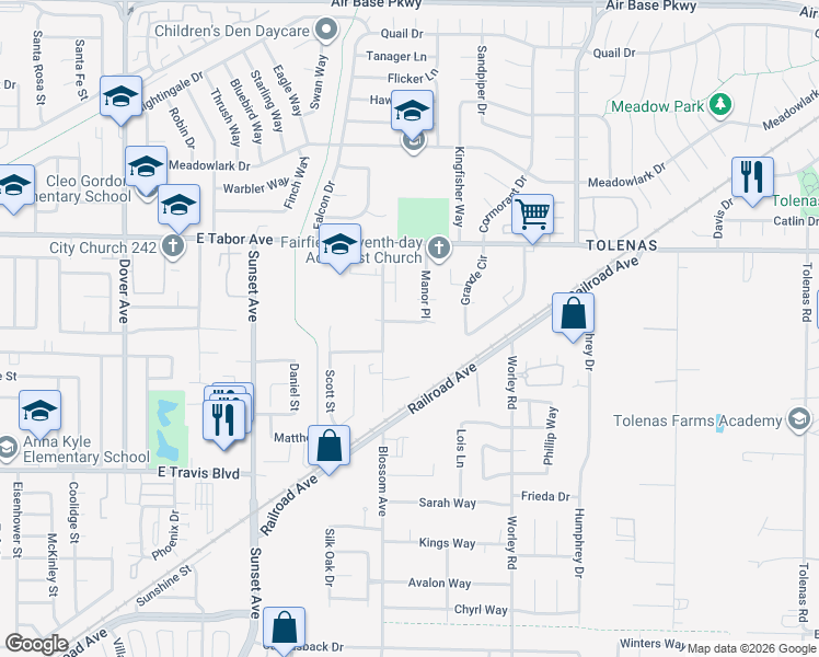 map of restaurants, bars, coffee shops, grocery stores, and more near 1850 Blossom Avenue in Fairfield