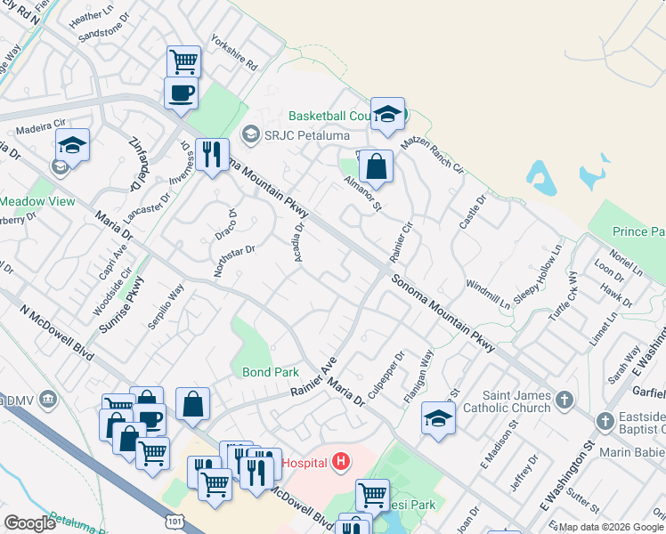 map of restaurants, bars, coffee shops, grocery stores, and more near 538 Acadia Drive in Petaluma