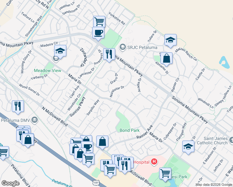 map of restaurants, bars, coffee shops, grocery stores, and more near 1601 Perseus Court in Petaluma