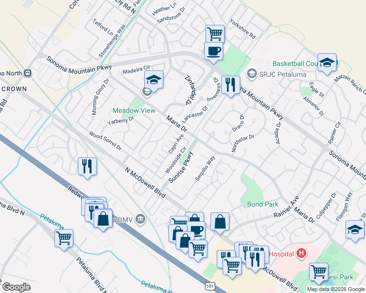 map of restaurants, bars, coffee shops, grocery stores, and more near 1488 Sunrise Parkway in Petaluma