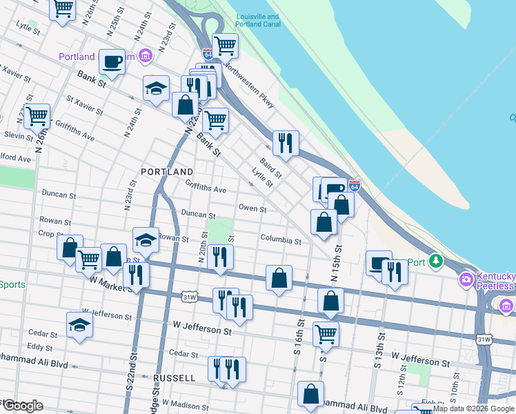 map of restaurants, bars, coffee shops, grocery stores, and more near 303 North 18th Street in Louisville