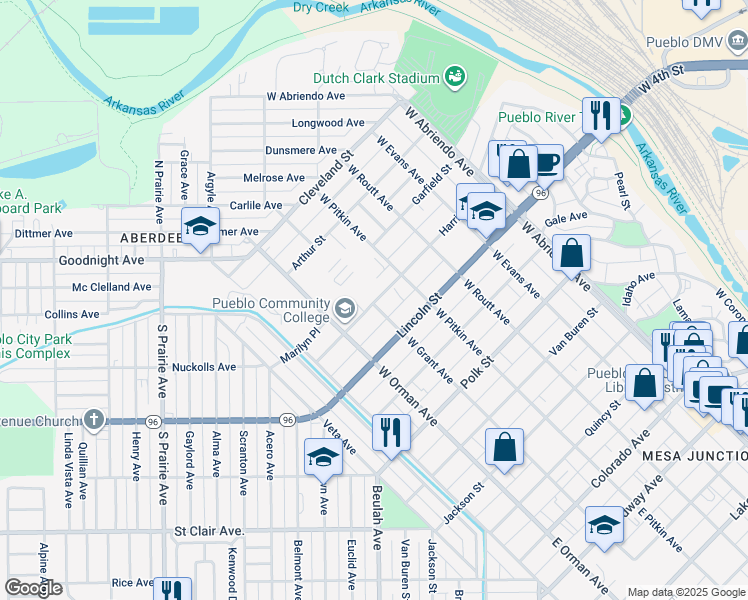 map of restaurants, bars, coffee shops, grocery stores, and more near 499 Harrison St in Pueblo