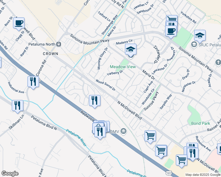 map of restaurants, bars, coffee shops, grocery stores, and more near 815 Wood Sorrel Drive in Petaluma