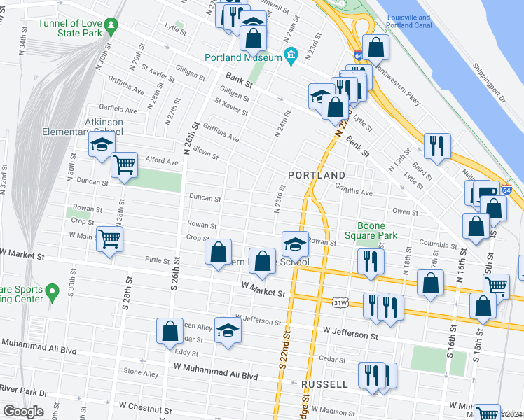 map of restaurants, bars, coffee shops, grocery stores, and more near 2316 Duncan Street in Louisville