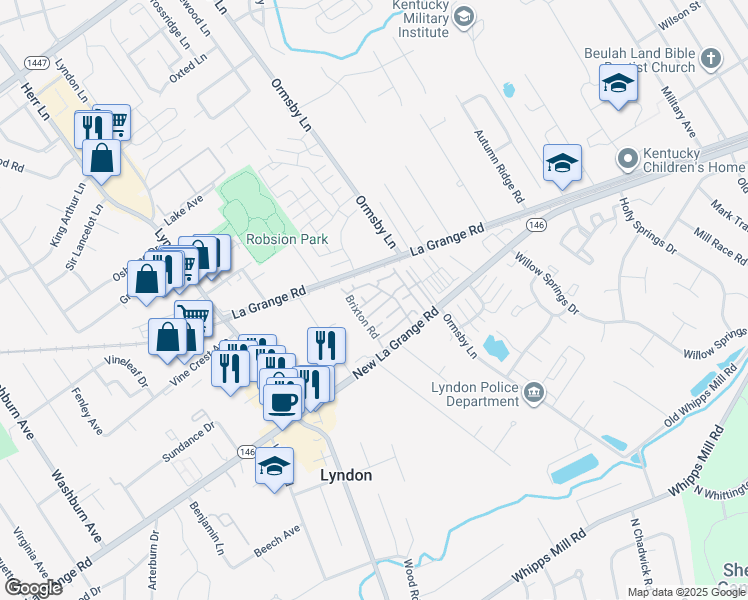 map of restaurants, bars, coffee shops, grocery stores, and more near 8301 Doncaster Way in Louisville