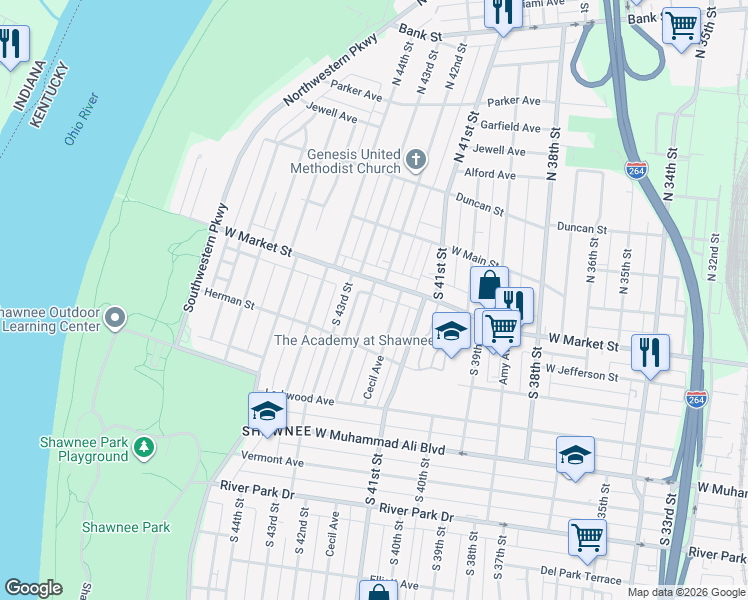 map of restaurants, bars, coffee shops, grocery stores, and more near 230 South 42nd Street in Louisville