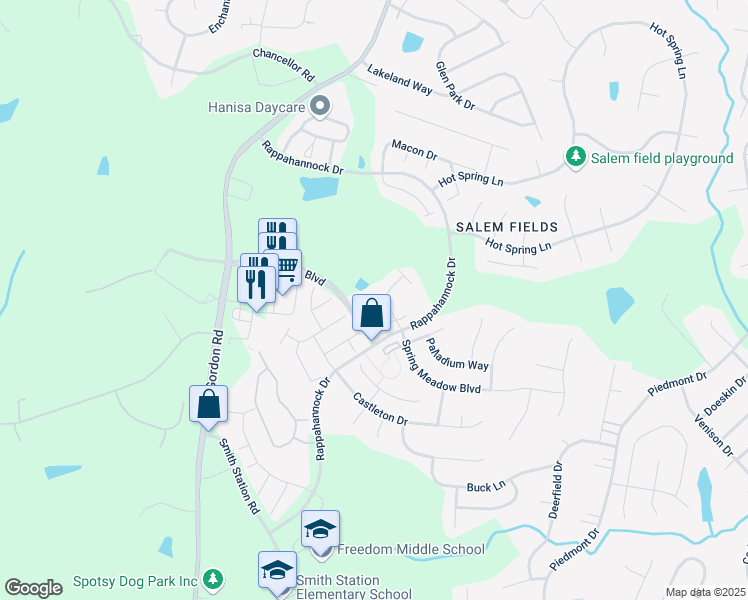 map of restaurants, bars, coffee shops, grocery stores, and more near 12012 Meadow Branch Way in Fredericksburg