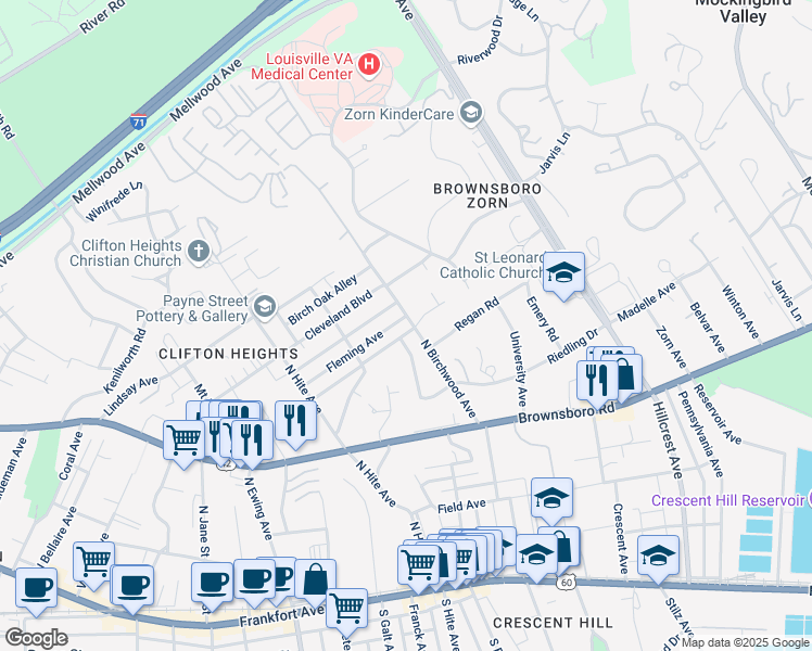 map of restaurants, bars, coffee shops, grocery stores, and more near 2705 Riedling Drive in Louisville