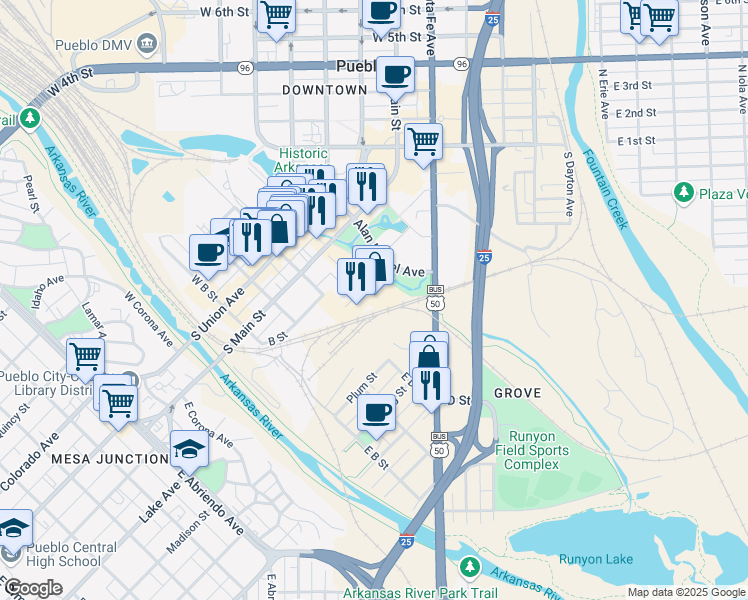 map of restaurants, bars, coffee shops, grocery stores, and more near 102 Oneida Street in Pueblo