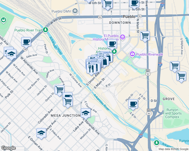 map of restaurants, bars, coffee shops, grocery stores, and more near 400 S Union Ave in Pueblo