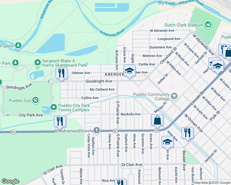 map of restaurants, bars, coffee shops, grocery stores, and more near 406-416 Collins Ave in Pueblo