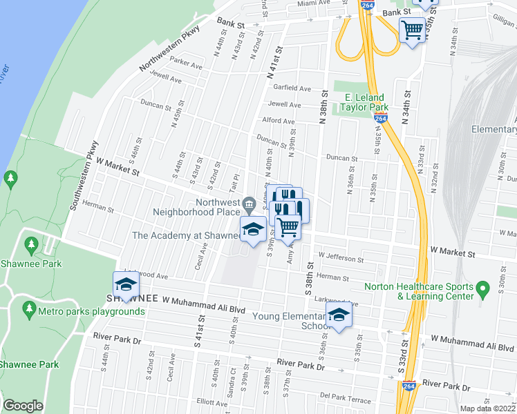 map of restaurants, bars, coffee shops, grocery stores, and more near 3918 West Market Street in Louisville