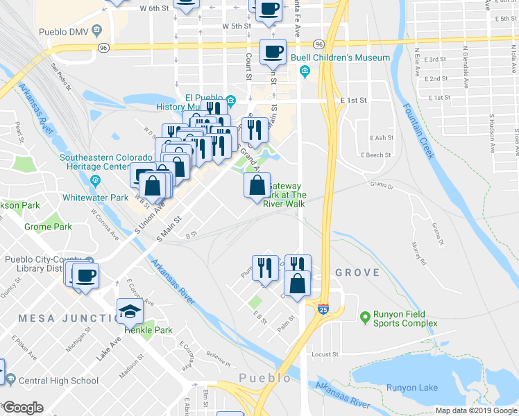 map of restaurants, bars, coffee shops, grocery stores, and more near 102 Oneida Street in Pueblo