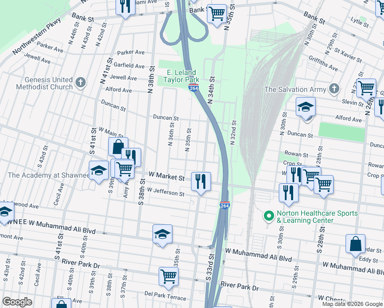 map of restaurants, bars, coffee shops, grocery stores, and more near 3408 West Main Street in Louisville