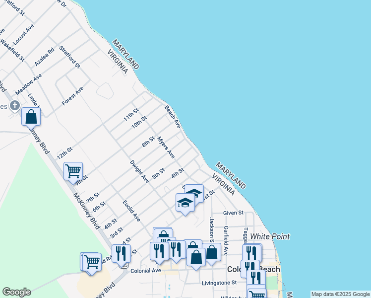map of restaurants, bars, coffee shops, grocery stores, and more near 7 5th Street in Colonial Beach
