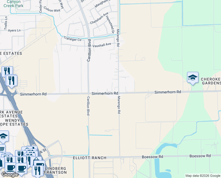 map of restaurants, bars, coffee shops, grocery stores, and more near 10873 Simmerhorn Road in Galt