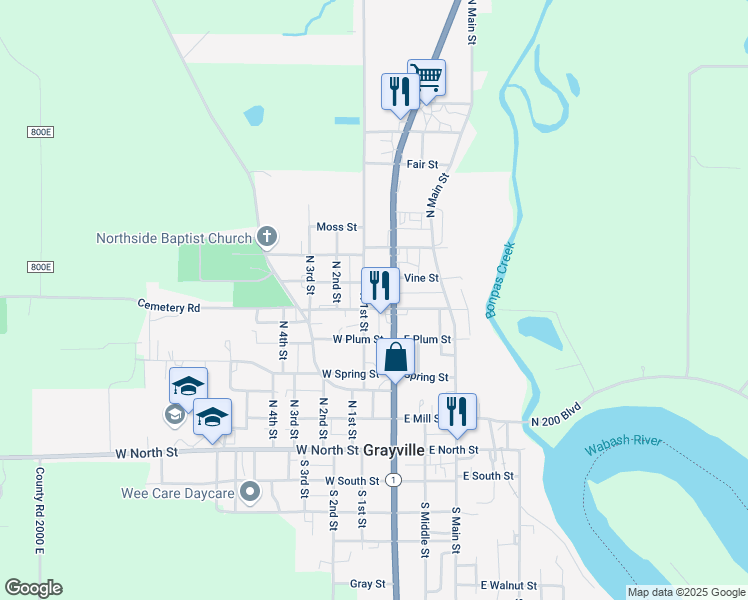 map of restaurants, bars, coffee shops, grocery stores, and more near 501-599 North 1st Street in Grayville